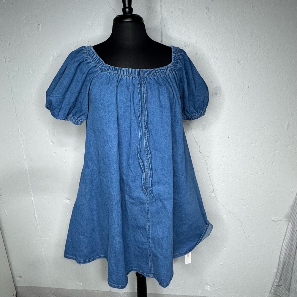 Denim Babydoll Mini Dress NWT Large Off Shoulder Puff Sleeve Pockets - Picture 13 of 14